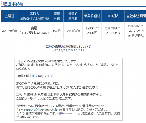 【SBIネオトレード証券委託幹事入り】　壽屋（7809）IPO取扱決まる！
