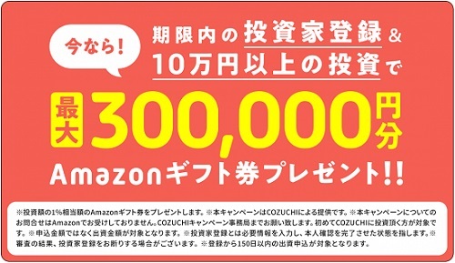 【衝撃】Amazonギフト券が最大30万円貰える！COZUCHIの初回投資キャンペーン