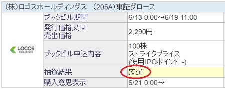 ロゴスホールディングス(205A)のSBI証券の抽選結果