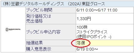 豆蔵デジタルホールディングス(202A)SBI証券の抽選結果は落選