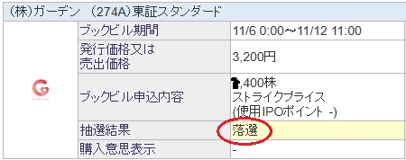 ガーデンの抽選結果は落選