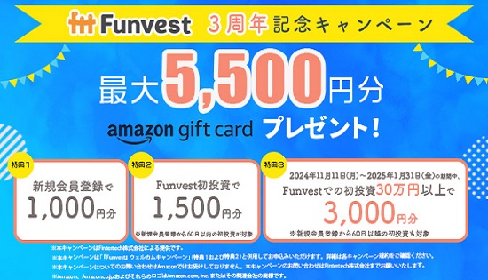 【超得】Funvest(ファンベスト)の3周年記念キャンペーンで5500円分のアマギフ貰える