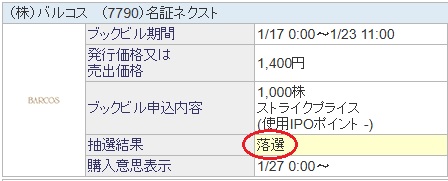 バルコスSBI証券の抽選結果