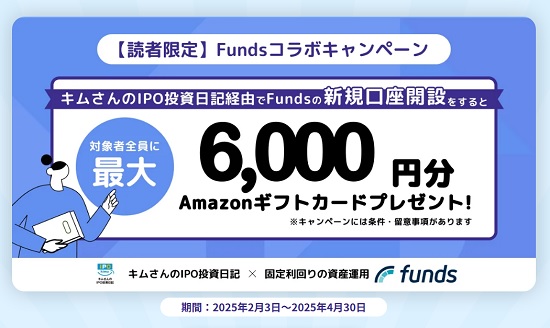 【タイアップ】Funds(ファンズ)でAmazonギフトカードなど7500円分貰える！