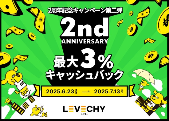 LEVECHY(レベチー)2周年記念キャンペーン！10万円投資で3％キャッシュバック